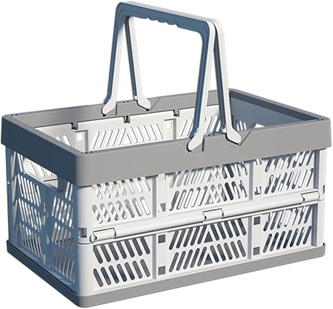 20L Plastic Collapsible Storage Crate - Foldable Handle Crate Storage Basket Bin - White & Gray M