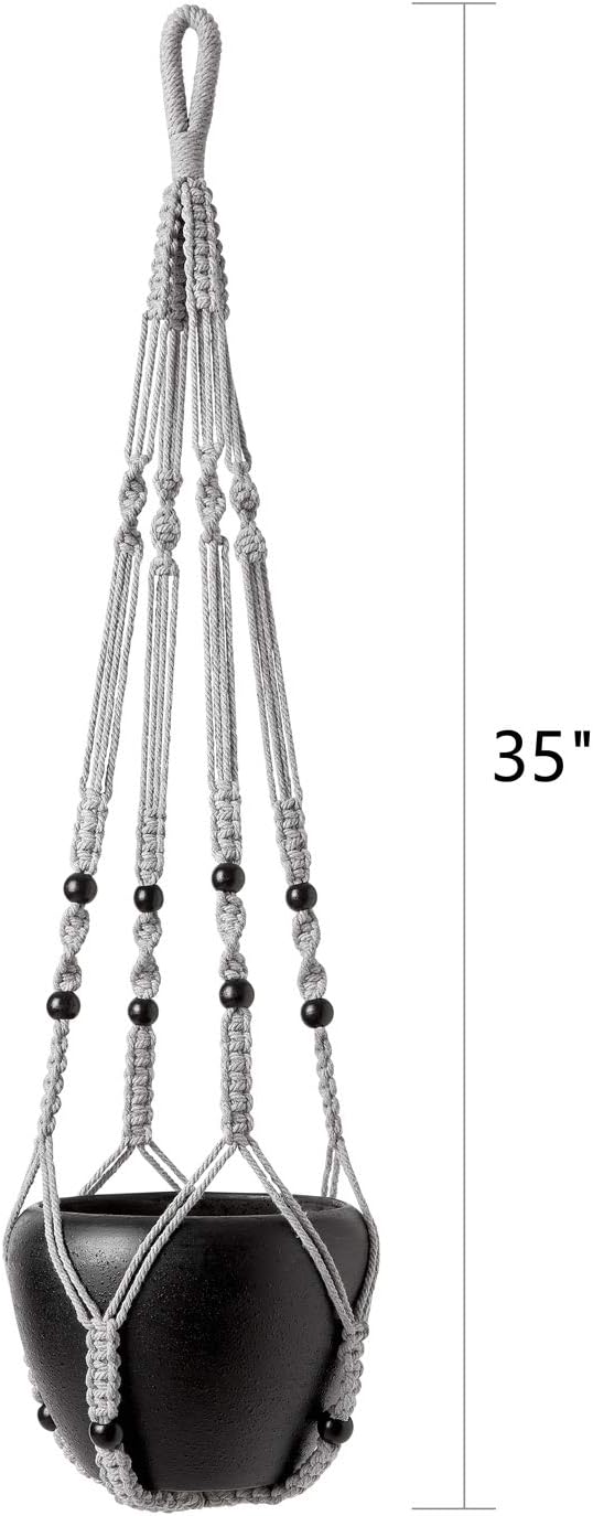 Mkono Macrame Plant Hanger Indoor Hanging Planter Basket with Wood Beads Decorative Flower Pot Holder No Tassels for Indoor Outdoor Boho Home Decor 35 Inch, Grey, Set of 2 (POTS NOT Included)