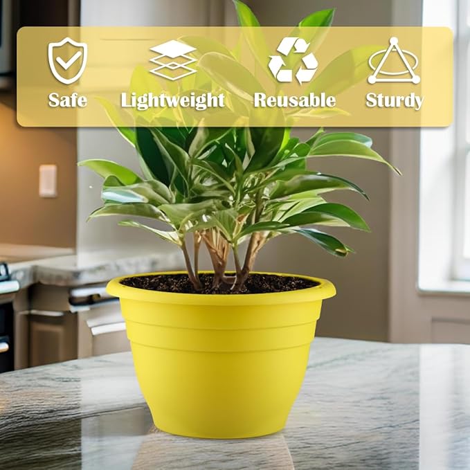 Plant Pots Set of 3, 11 Inch Round Flower Pots, Thickened Plant Planters with Drainage Holes, Garden Pots for Indoor Outdoor, （3 Pack, Yellow