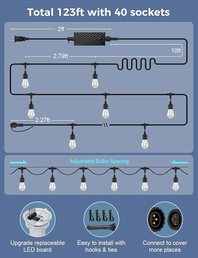 XMCOSY+ Smart Outdoor String Lights, 123Ft Patio Lights Waterproof, App Control, Compatible with Alexa, RGBCWIC Color Changing LED String Light for Outside
