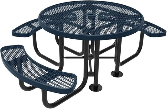 Heavy-Duty Portable Outdoor Picnic Table with Umbrella Hole, Expanded Metal Patio Dining Furniture Made in America (46" Round Top, Dark Blue)