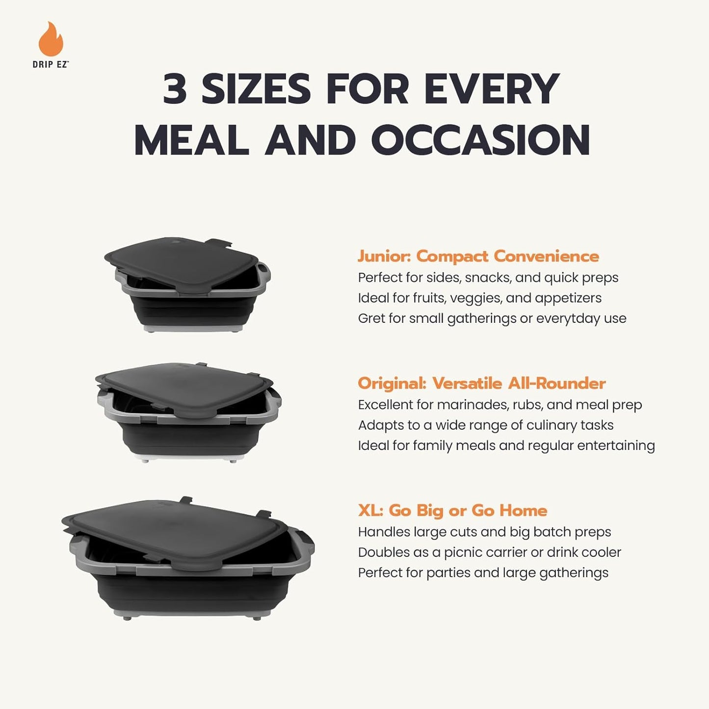 Drip EZ Collapsible BBQ Prep Tubs 3-Piece Set- For Meal Prep Marinating Food Storage - Includes Cutting Board & Lid - (1) JR + (1) OG + (1) XL - Orange