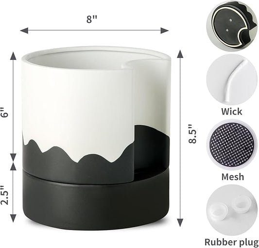 Nihow Self Watering Plant Pot: 8 Inch Ceramic Planter with Drainage Hole & Water Storage Plus for Indoor & Outdoor Plants - Cylinder Round Flower Pot for Succulent/Herbs/Violets - White & Wave Black