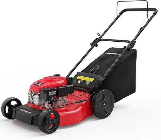 PowerSmart 21-inch Gas Push Lawn Mower, 144cc 4-Stroke Engine with Easy Adjustable Cutting Height, High Wheels, 2-in-1 with Mulch, Bag