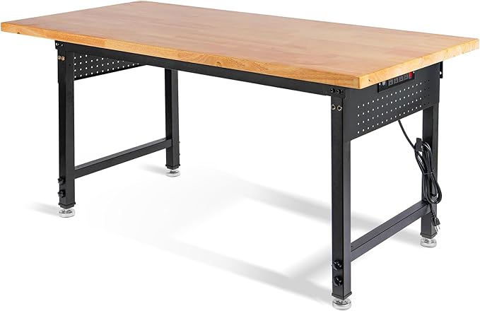 Height Adjustable Workbench 60”×22” Heavy Duty Work Table 2000 LBS Load Capacity Rubber Wood Work Station with Power Outlet & Pegboard for Garage, Office, Workshop, Home, Party Shop