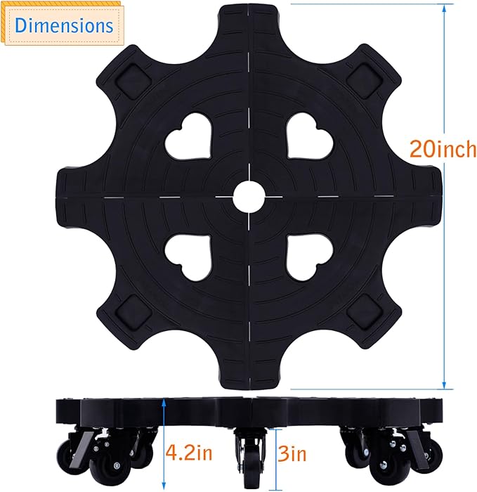 Plant Caddy With Wheels 20 Inch Heavy Duty Outdoor, Indoor Rolling Plant Stand With Casters Black Plant Dolly Large Potted Planter Cart For Big Flower Pots Plants Pots, Heart Shaped Garden Pot Mover