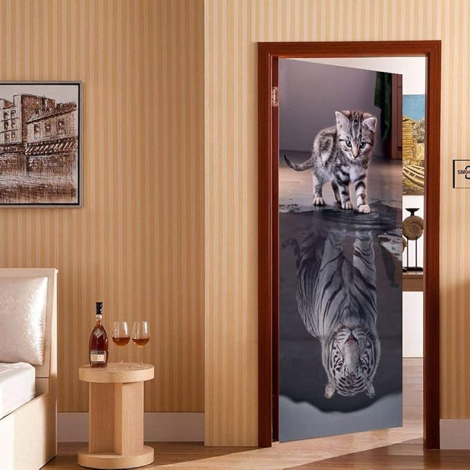 3D Peel and Stick Wall Murals - Cat Becomes Tiger - Self-Adhesive Removable PVC Waterproof Door Poster for Bedroom & Living Room - 34.6" x 78.7"