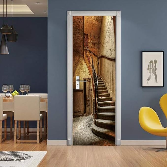3D Door Wallpaper Self-Adhesive Door Sticker - Old Stairs - Door Film Poster Premium PVC Waterproof Wall Sticker for Bedroom Living Room Door Decoration Wallpaper 95 x 200 cm