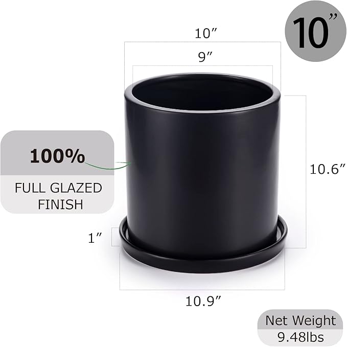Plant Pots 10 Inch Ceramic Planter with Drainage Hole and Saucer, Matte Black Modern Cylinder Planter Pot for Indoor Outdoor Plants Flowers, Full Glazed Finish