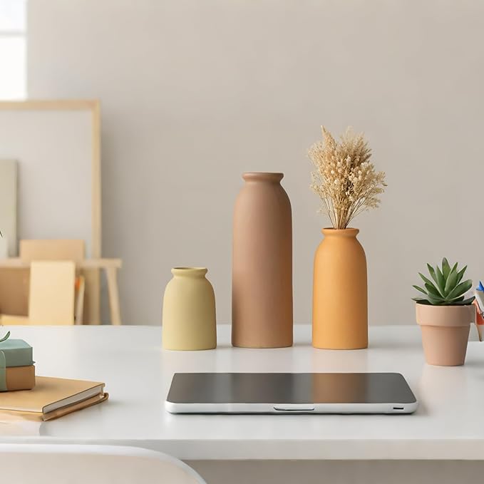 Ceramic Vase Set-3, Small Flower Vases for Decor, Modern Boho Farmhouse Style, Decorative Vases for Pampas Grass & Dried Flowers, Distressed Finish (Brown Mix)