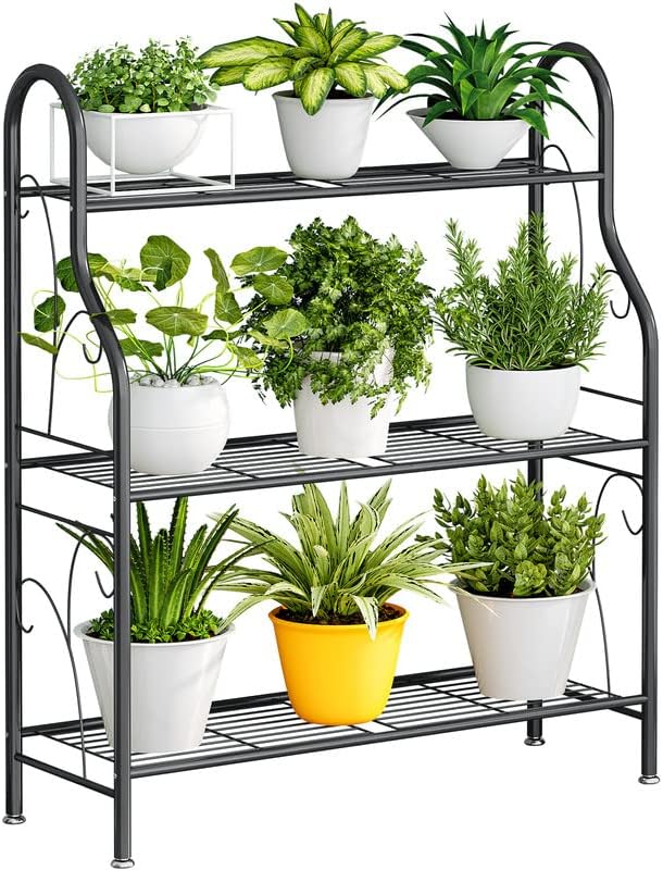SORCEDAS Plant Stand Indoor Outdoor Plant Shelf 3 Tier Metal Corner Flower Stand Multiple Holder for Patio Garden Balcony Living Room, Dark Grey