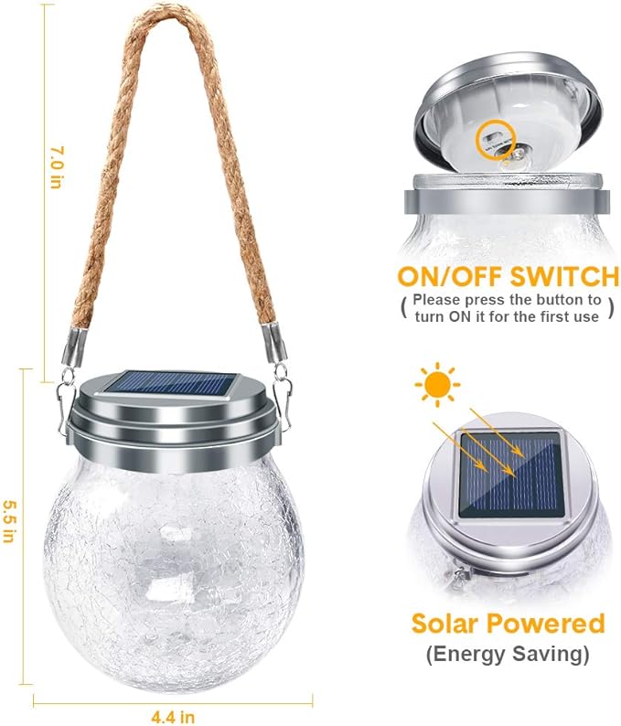 DBF Solar Lanterns Outdoor Waterproof, 2 Pack Hanging Solar Lights Outdoor, LED Cracked Glass Ball Globe Lantern Garden Decor for Patio Backyard Pathway Tree Porch Fence Events (Amber Warm & RGB)