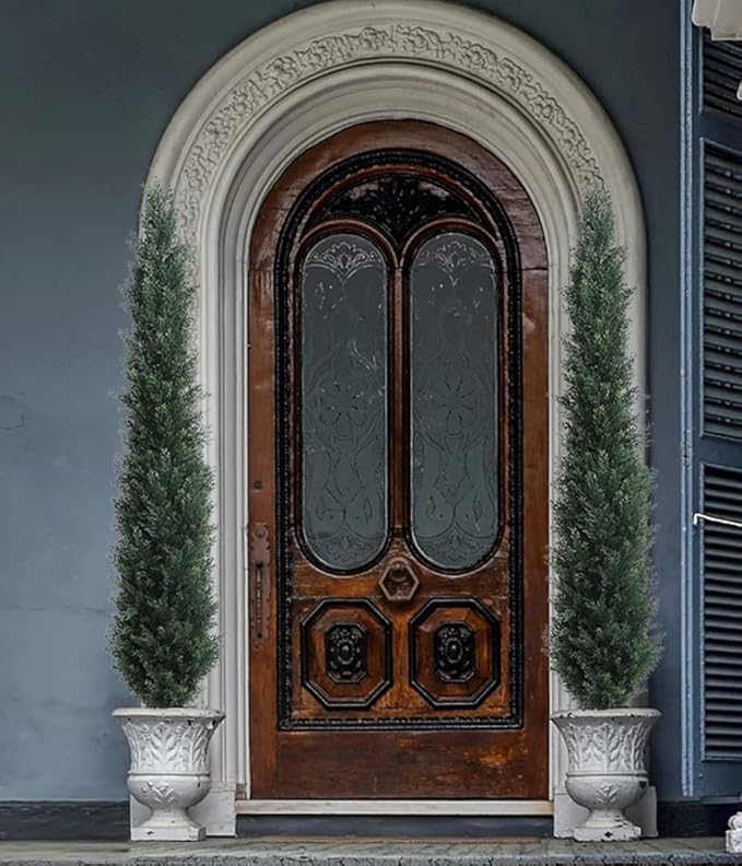 momoplant Artificial Topiary Cedar Tree Outdoor Uv Resistant, 5.5 Ft Faux Cypress Toparies Trees 67 Inch Fake Plant【2 Pack】 with Black Pot