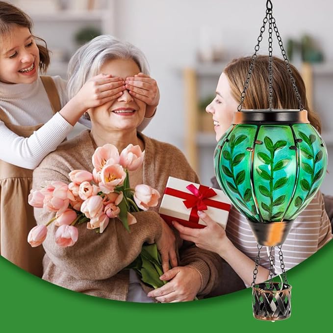 Green Leaf Hot Air Balloon Solar Lantern with Flickering Flame Light,Glass Hanging Solar Lanterns Outdoor Waterproof Hot Air Balloon Decor for Patio Party Yard Tree,Garden Gifts for Women Mom