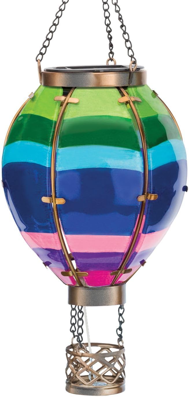 Regal Art & Gift Hot Air Balloon Solar Lantern – Hanging Solar-Powered LED Lights, Waterproof Portable Decorative Outdoor Lamp Made of Metal & Glass for Garden, Patios & Pathway – Stripe (Small)