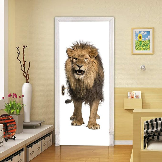 3D Lion Door Stickers - Peel & Stick - Waterproof & Washable - Matt Finish - Realistic Animal Print - Red, Brown, Beige - 37.4 x 82.7 inch - 2 Pieces