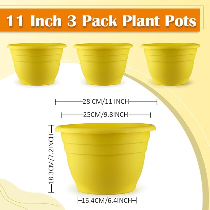 Plant Pots Set of 3, 11 Inch Round Flower Pots, Thickened Plant Planters with Drainage Holes, Garden Pots for Indoor Outdoor, （3 Pack, Yellow