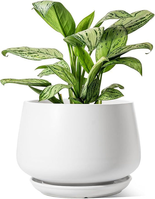 LE TAUCI Ceramic Planters, 12 Inch Pots for Plants, Indoor Plant Pots with Drainage Holes and Saucers, Modern Planters Fit Mid Century Plant Stand, Flower Pots for Indoor Plants, White