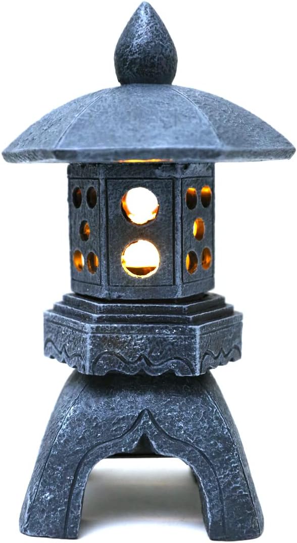 Pagoda Lantern Garden Statue with Solar Lotus Lights, Large Resin Japanese Temple Pagoda Lamp Asian Zen Outdoor Yard Decor for Landscape Patio Porch Lawn Decorations, Christmas Ornament Gift