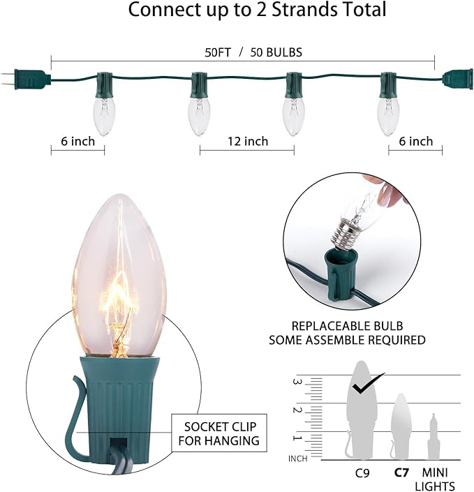 Vintage C9 Christmas Lights Outdoor, 50 FT C9 String Lights for Christmas Decorations Holiday Party Indoor Room Outdoor Roofline Backyard Garden Patio Cafe Home Decoration, E17 Base, 50 +2 Bulbs