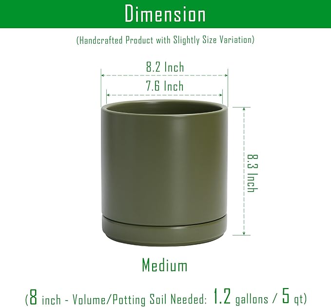 D'vine Dev 8 Inch Ceramic Planter Pot with Drainage Hole and Saucer, Indoor Cylinder Round Planter Pot, Olive, 94-O-D-J