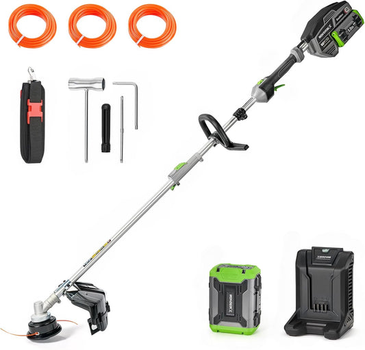 60V Lithium Ion Cordless String Trimmer, 17 Inch Two Speed Brushless String Trimmer with 5.0Ah Battery and Charger