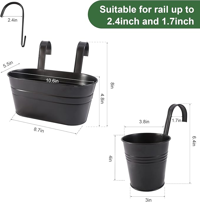Metal Iron Flower Pots for Railing Fence Hanging Bucket Pots(5 Pcs) and Hanging Flower Pots Metal Iron Bucket Planter(10 Pcs) (Black)
