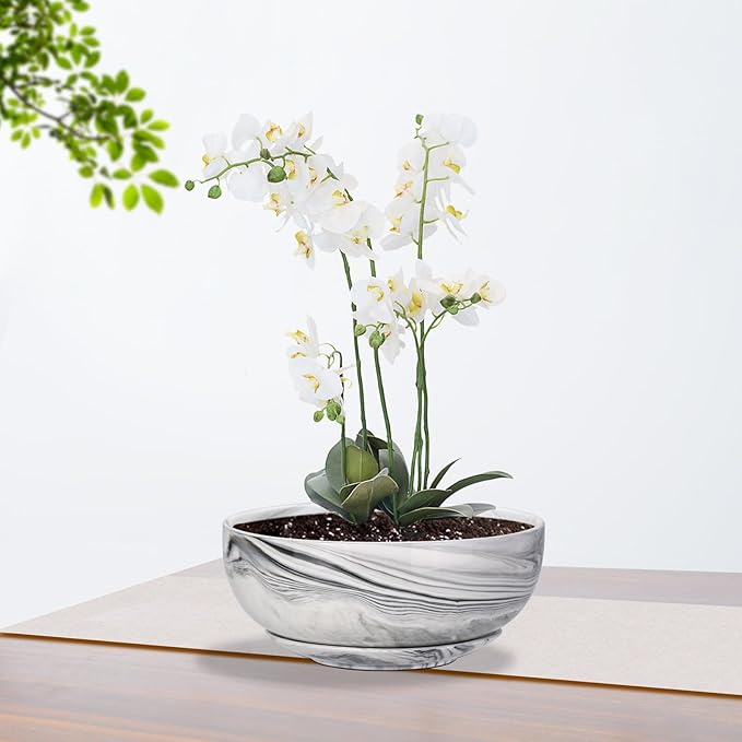 G EPGardening 8in Marble Pattern Large Round Succulent Planter Pot Modern Flower Pot Indoor and Outdoor Planter with Marble Tray