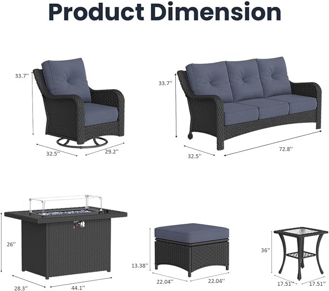 8 Pieces Outdoor Patio Furniture Sets with Rocking Swivel Chairs with 6-inch Thick Cushion and Fire Pit Table for Deck Lawn