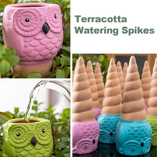 Self Watering Spikes for Plants, Terracotta Slow Release Watering System - Vacation Plant Waterer, 4 Pack Owl Shape Automatic Plant Watering Devices for Indoor Outdoor Potted Plants