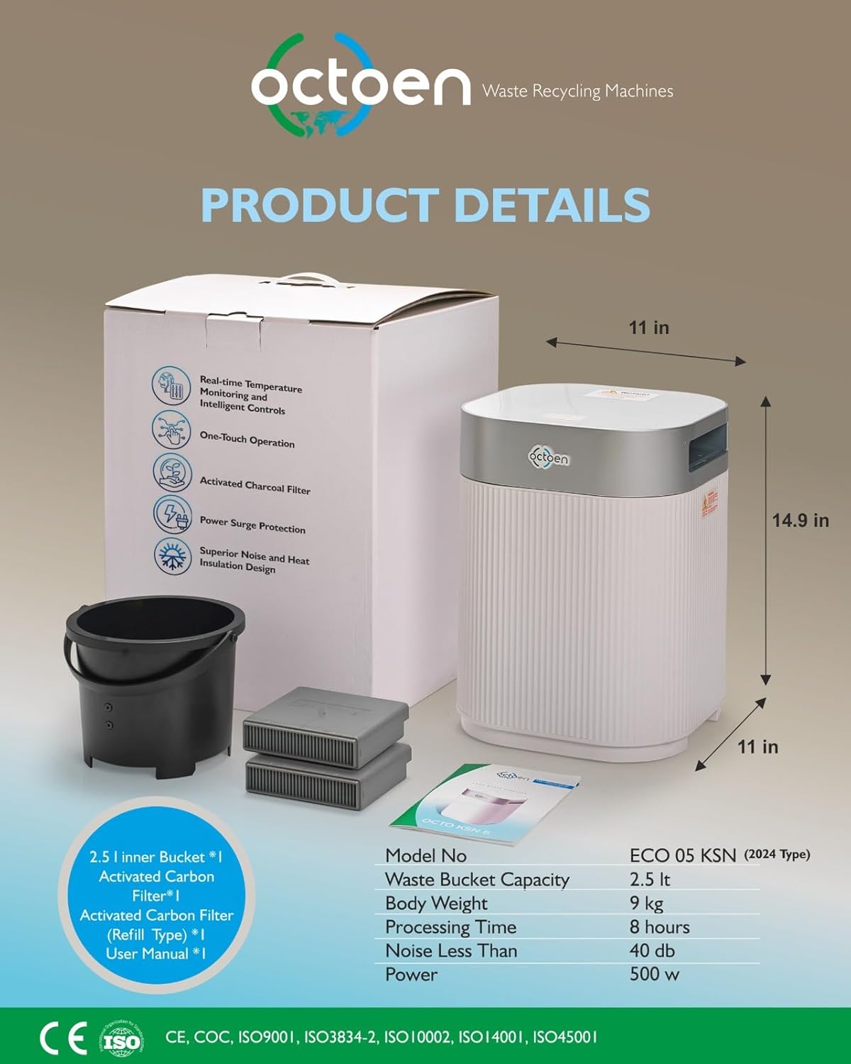 3L Electric Kitchen Composter w/ 2 Free Filters, 3 Modes w/Auto Cleaning UV-C Light Sanitizer, Rapid Conversion Within 2-8 Hours. Indoor/Outdoor, Turn Food Waste to Fertilizer for Garden, by OCTOEN