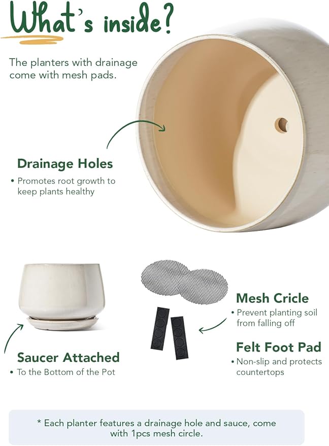 LE TAUCI Ceramic Plant Pots, Set of 2, 10 + 12 Inch Plant Pot, Elegant Planters for Indoor Plants, Sturdy Planter with Drainage Hole and Saucers, Perfect for Home Decor, Reactive Glaze Beige