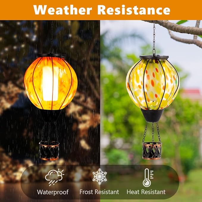 Hot Air Balloon Solar Lanterns with Flickering Flame Light,Glass Hanging Solar Lanterns Outdoor Waterproof Hot Air Balloon Light for Patio Yard Garden Decor Mother Day Gifts for Women(Yellow)