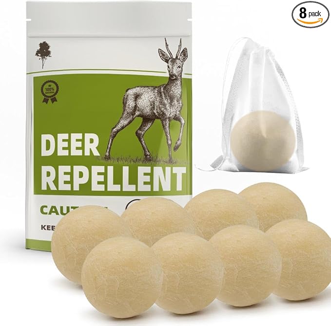Deer Repellent, Rabbit Repellent Outdoor, Deer Deterrent for Plants, Keep Rabbits Out of Backyard, Deer and Rabbit Repellant, Deer Repellant Balls for Flowers Shrubs & Trees-8 Packs