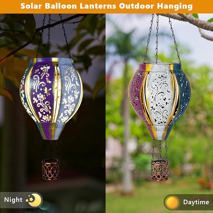 Starsoul Hot Air Balloon Solar Lantern with Flower Projection Metal Outdoor Waterproof Hot Air Balloon Solar Lights Hanging Lantern for Garden Yard Patio Decor