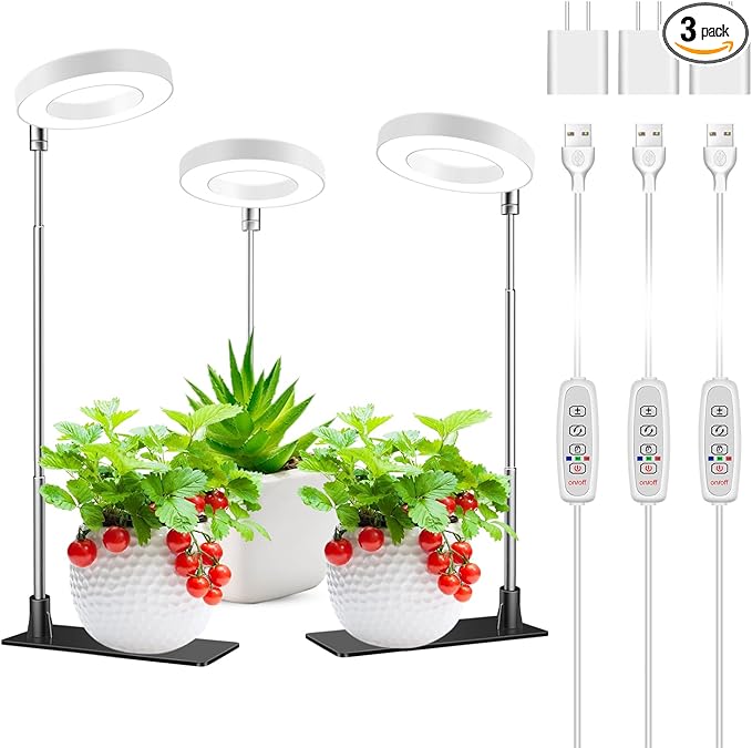 Grow Lights for Indoor Plants, 48 LEDs Full Spectrum Halo Plant Light for Indoor Plants, Height Adjustable Growing Lamp with Detachable Base, 3 9 12Hrs Timer, 10 Brightness, 3 Pack
