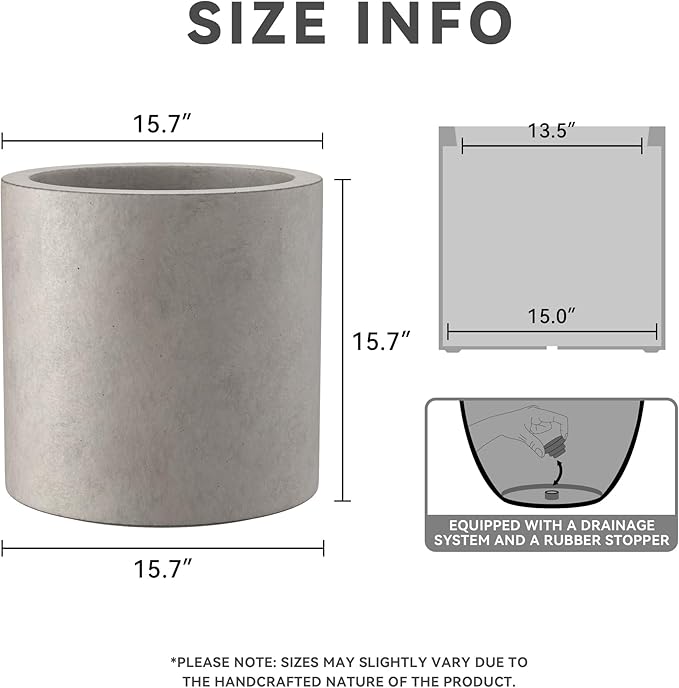 Kante 15.7" Dia Round Concrete Planter, Modern Style Large Cylindrical Plant Pot with Drainage Hole and Rubber Plug for Indoor Outdoor Patio, Weathered Concrete