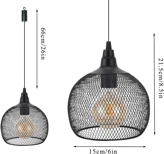 JHY DESIGN Hanging Lamp Black Battery Powered Decorative Pendant Lamp Metal Cage Battery Lamp with 6 Hours Timer for Bar Bedroom Garden Parties Patio Indoor Outdoor Living Room(Round)