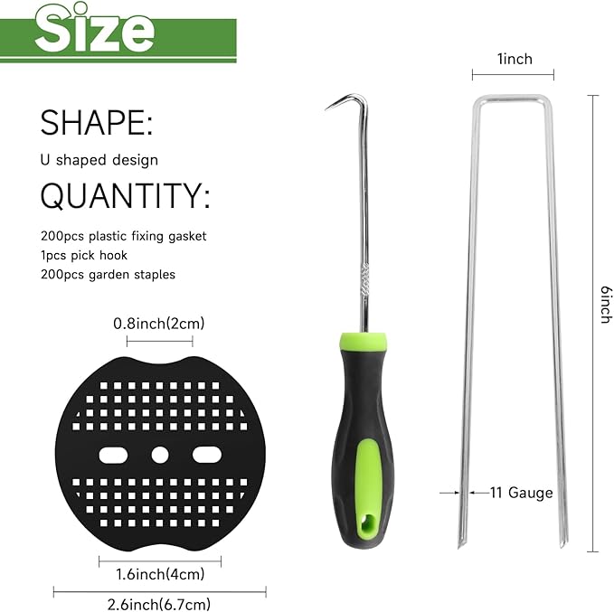 Landscape Staples Set,6 Inch 11 Gauge 200pcs Galvanized Garden Stakes and 200pcs Gaskets +1Pick Hook,U-Shaped Tent Stakes Landscaping Fabric SOD Pins for Weed Fabric Barrier,Groud Cover,Fence