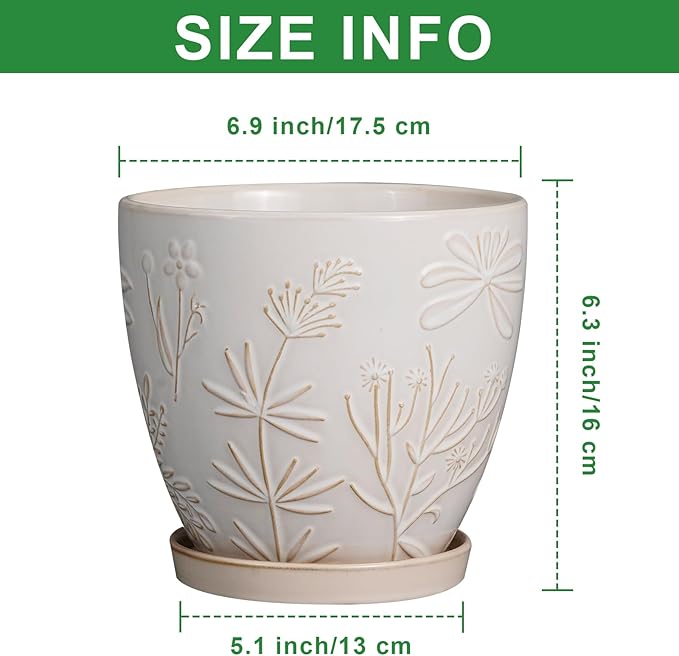 6.9 Inch Ceramic Plant Pot for Indoor Plants Outdoor Round Planter Flower Pot with Drainage Hole and Saucer for Home Garden Office Decor White