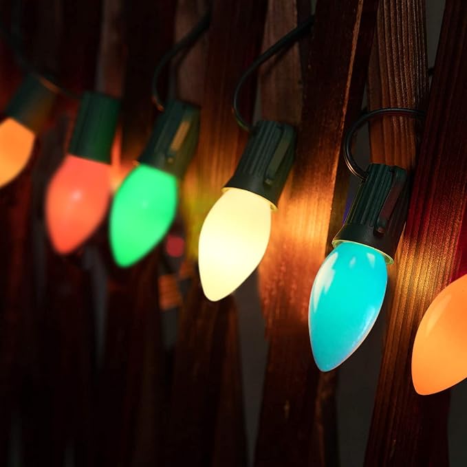 25Ft Outdoor Multicolor Ceramic Christmas String Lights,C9 Vintage Opaque Christmas String Lights for Patio Garden Christmas Tree Decoration,C9/ E17 Candelabra Base, Green Wire