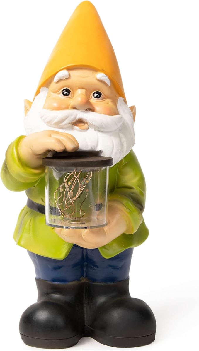 VP Home Jar Garden Gnomes Lawn Gnome with Solar Light Great Addition for Your Garden Solar Powered Knome Gifts for Outside Patio Lawn (Yellow Hat)