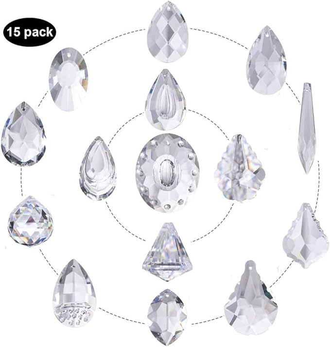 H&D 15pcs Clear Crystal Chandelier Lamp Lighting Drops Pendants Balls Prisms Hanging Glass Prisms Parts Suncatcher Home/House Decor