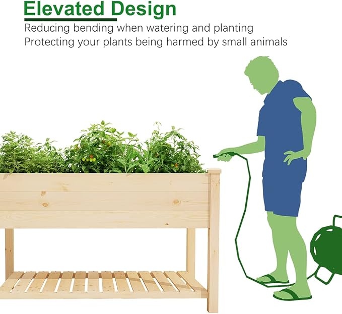 Raised Garden Bed with Storage Shelf 48.5x24.4x30 Inch, Elevated Wood Planter Box with Legs for Vegetable Flower Herb Outdoors Backyard, Patio, Balcony with Liner