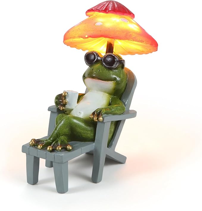 Little Frog Garden Statue with mini Patio Mushroom Solar Lights Outdoor Figurines Halloween Home Decor Fairy Garden Accessories Small Lawn Ornaments 4.5"x4.5"x2.6"