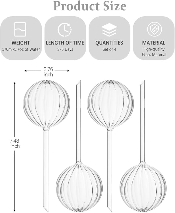DN DECONATION 4 Pcs Plant Watering Globes, Clear Glass Watering Bulb, Watering Bulbs for Indoor Plants & Outdoor Plants, Automatic Plant Watering System to Support Plant Health, Striped Water Globes