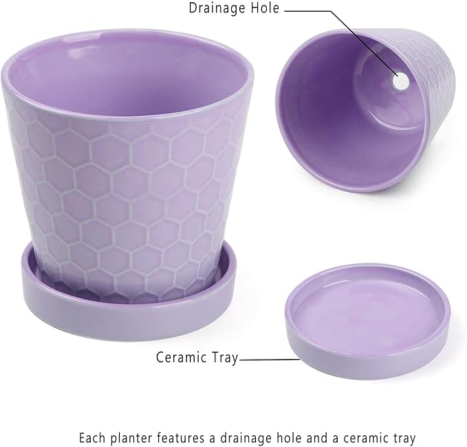 EFISPSS Flower Planter –5 inch Ceramic Plant Pots with Drainage Holes and Ceramic Tray - Gardening Home Desktop Office Windowsill Decoration Gift Set of 4 - Purple