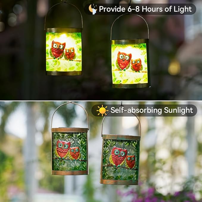 Starsoul 2 Pack Hanging Solar Lantern Outdoor Waterproof Owls Nestled on Branch Glass Decorative Solar Lights for Outside Garden Yard Table Patio Decor