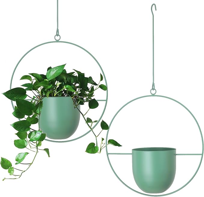 Hanging Planters 2 Pack Boho Mid Century Hanging Plants Hangers Metal Wall Ceiling Flower Pot Indoor Outdoor Vine Holder Room and Window Decor(Green)