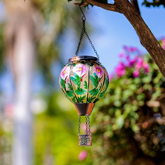 DREAMSOUL Hummingbird Hot Air Balloon Solar Lantern, Hanging Solar Lanterns Outdoor with Flickering Flame Light, Metal & Glass Solar Lanterns Outdoor Waterproof for Patio Yard Decor